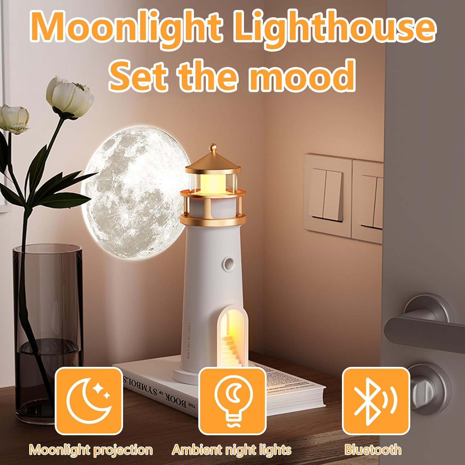NAIRO Plastic Lighthouse Moon for Baby Room Decor Projection Lamp with Remote Control Moonlight Projector,LED Decorative Bedside Table Lamp Bedroom,Living Room,Kids,Gifts,Home Decor,Multicolor